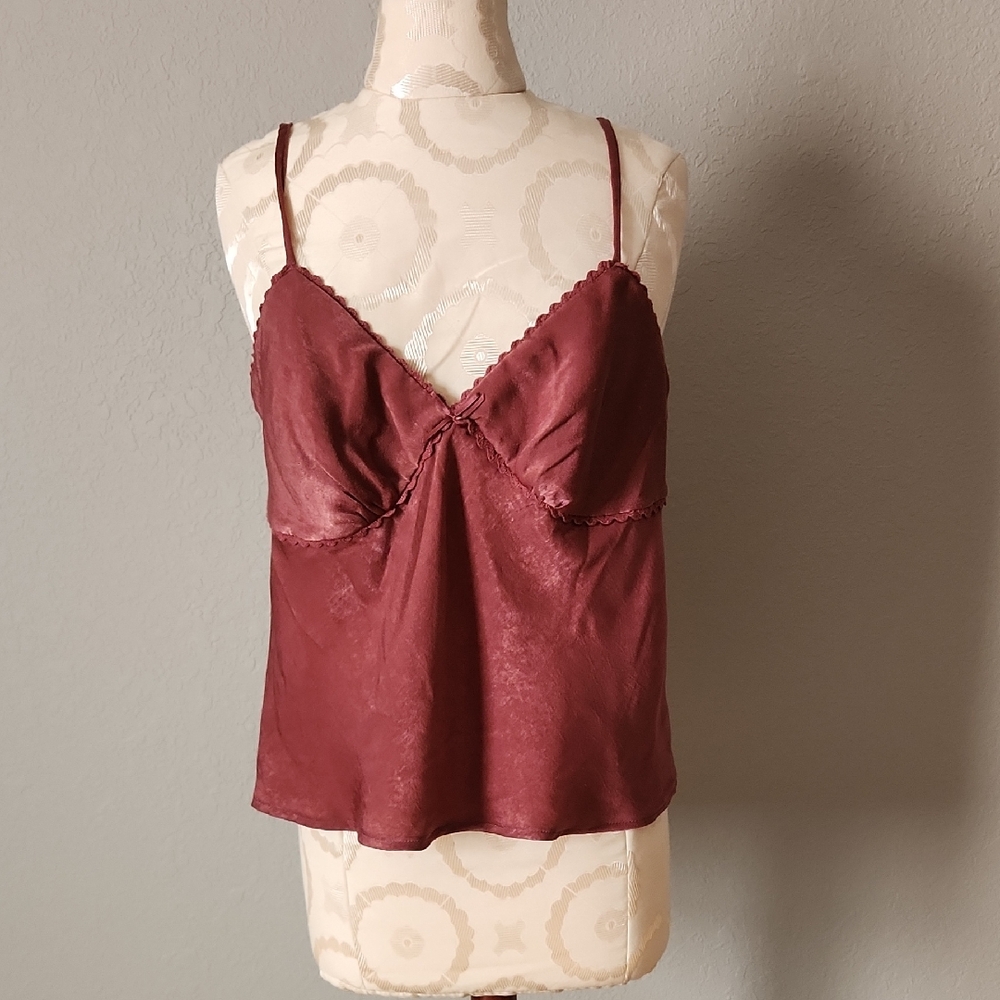 No Boundaries Wine Red Satin Cami with Lace Trim